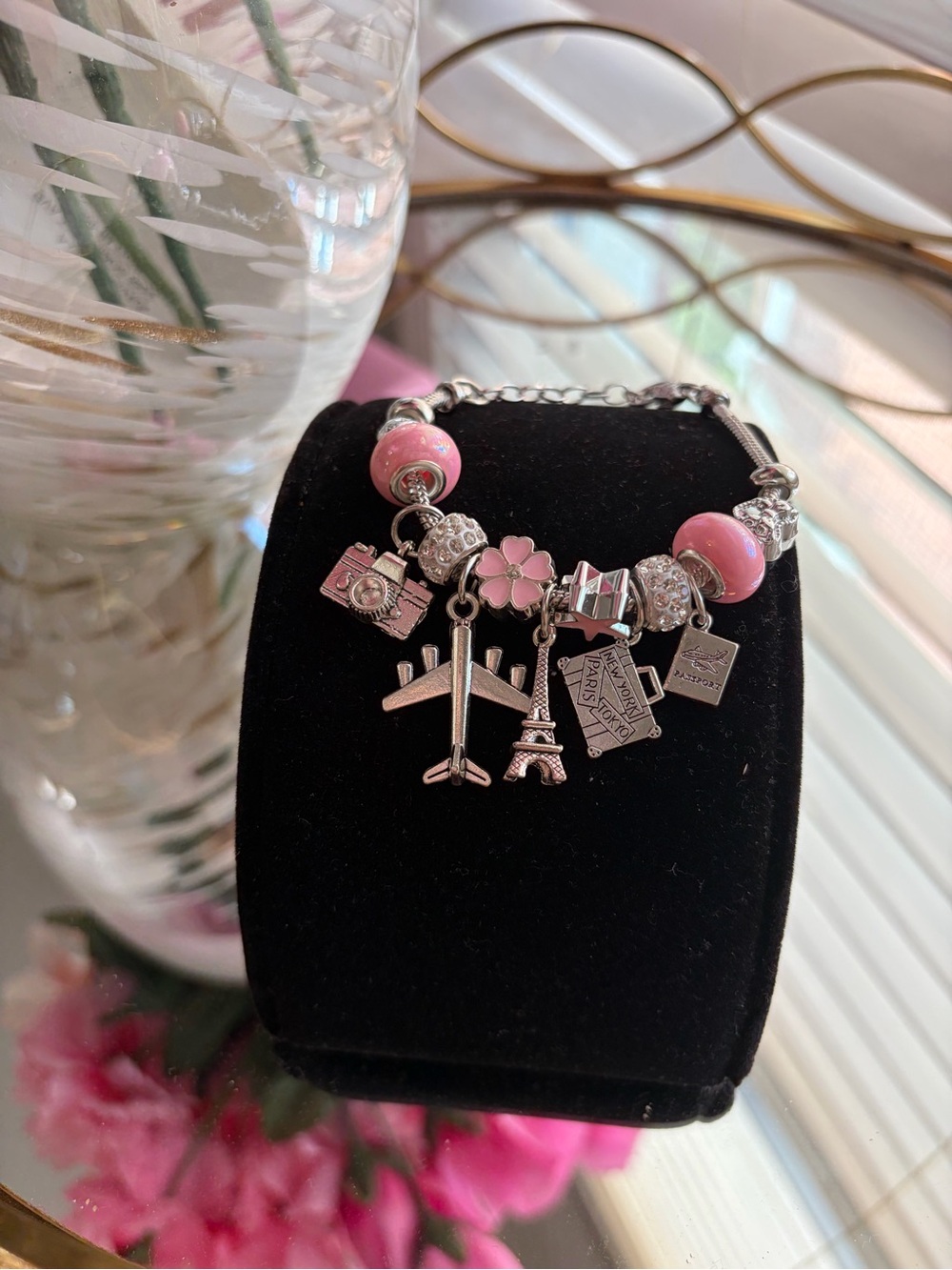 Silver Travel Charm Bracelet with Pink Accents